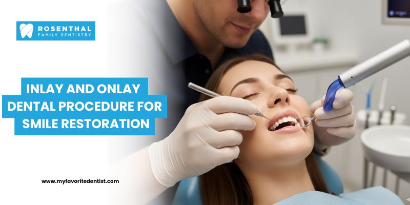 Dentist placing a porcelain dental onlay to restore a damaged toothDentist placing a porcelain dental onlay to restore a damaged tooth