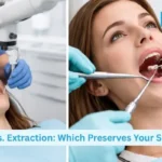 Patient receiving dental treatment comparing root canal and tooth extraction procedures in a modern clinic