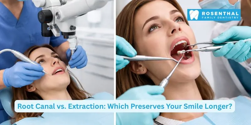Patient receiving dental treatment comparing root canal and tooth extraction procedures in a modern clinic