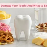 Comparison of foods that damage teeth like soda and chips versus healthy options like fruits, vegetables, nuts, and dairy for better dental health