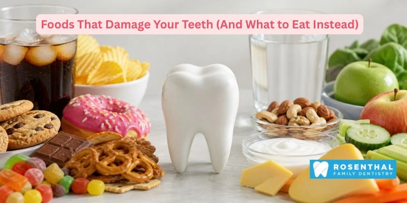 Comparison of foods that damage teeth like soda and chips versus healthy options like fruits, vegetables, nuts, and dairy for better dental health