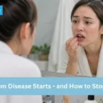 Person checking gums in mirror showing early signs of gum disease like bleeding and swelling while brushing teeth
